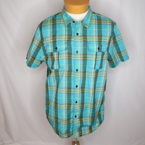 Prana OSTEND Blue Green Plaid Button Down Sport Shirt Men's L Large - Picture 1 of 8